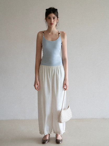 EGGKA White Ruffled Elastic Waist Balloon Pants for Women, Summer Simple Niche Loose Slimming Commute Casual Pants