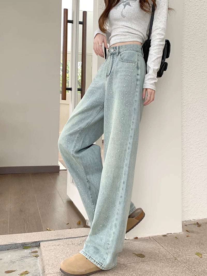 Designer diamond jeans for women spring slim pants high waist straight pants loose wide leg pants mopping pants trousers