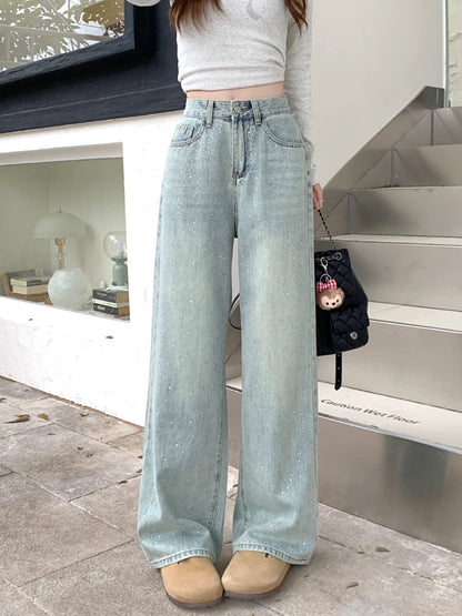 Designer diamond jeans for women spring slim pants high waist straight pants loose wide leg pants mopping pants trousers