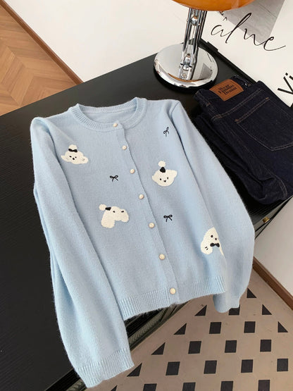 Sweet and cute cartoon embroidered knitted cardigan for women autumn and winter niche gentle versatile casual sweater jacket top