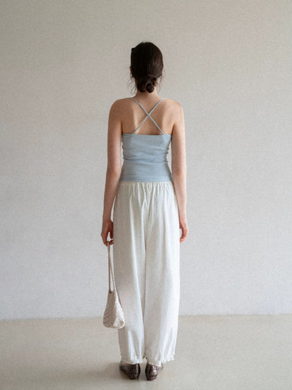 EGGKA White Ruffled Elastic Waist Balloon Pants for Women, Summer Simple Niche Loose Slimming Commute Casual Pants
