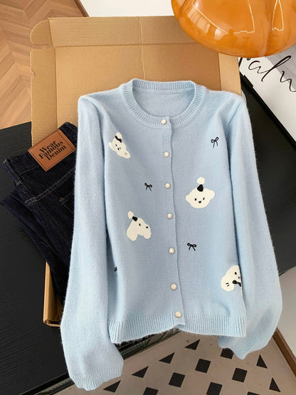 Sweet and cute cartoon embroidered knitted cardigan for women autumn and winter niche gentle versatile casual sweater jacket top