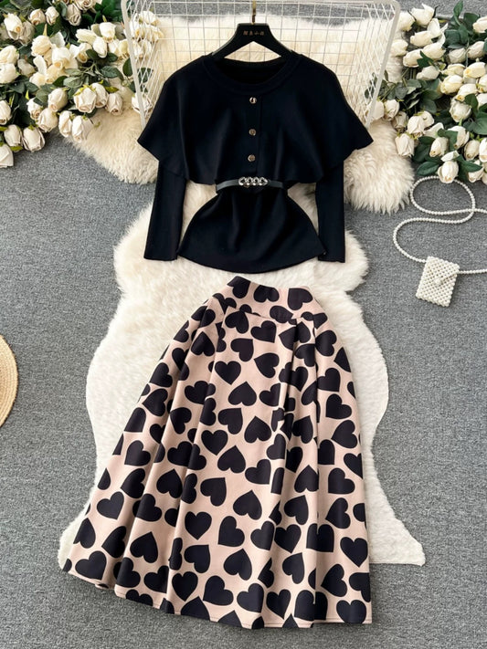 Light mature style suit for women, fashionable round neck cape, long sleeve waist knitted top + love printed skirt