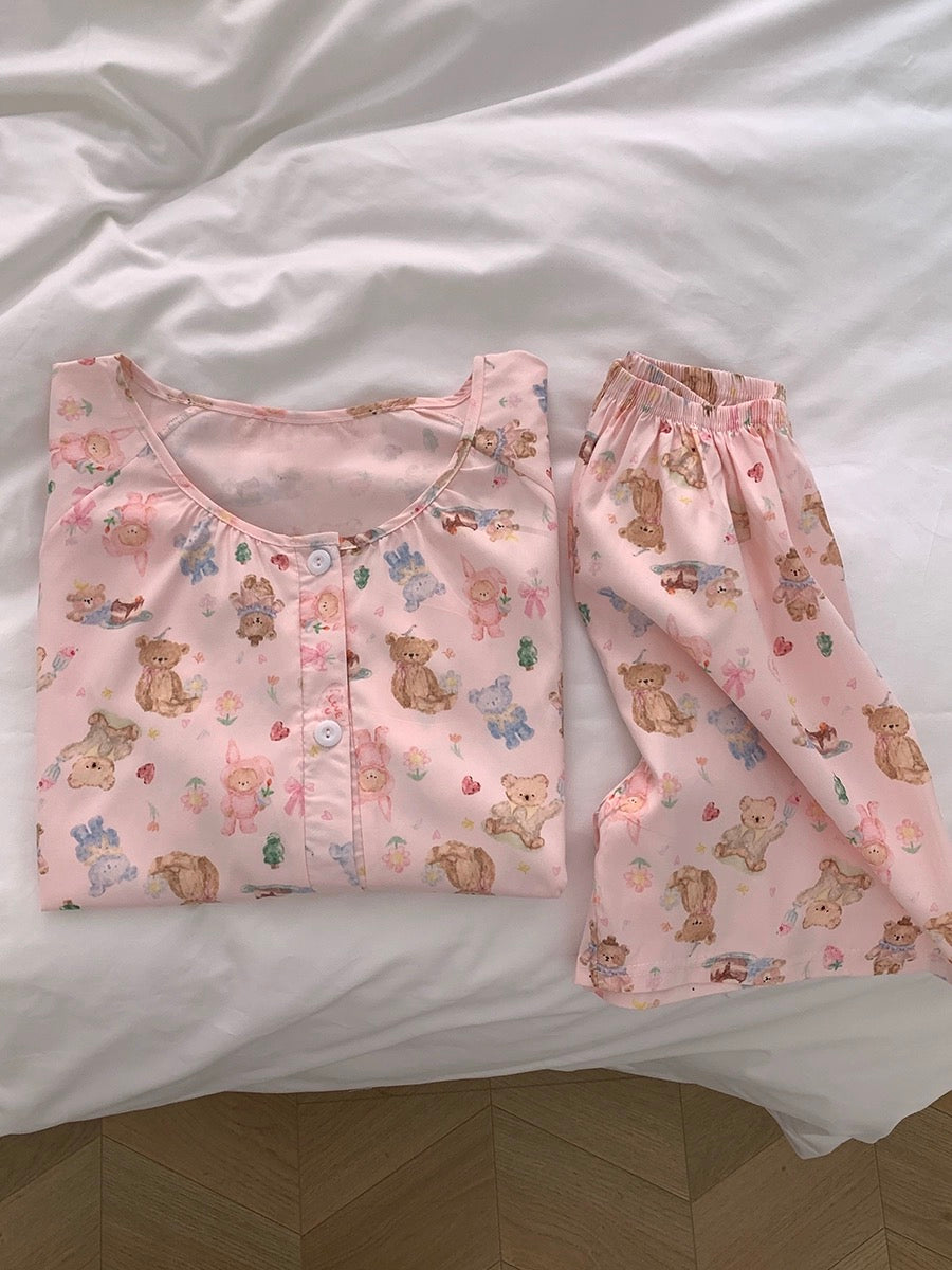 Xinbangbang Homedress pink bear round neck comfortable home wear women's summer short-sleeved pajama set can be worn outside