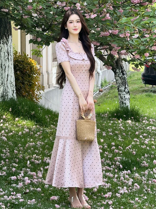 LILI Li Lijia [Raspberry Sweet] French Gentle Style Long Skirt 2025 Summer New Polka Dot Satin Fishtail Skirt
