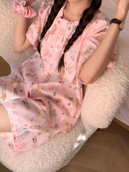Xinbangbang Homedress pink bear round neck comfortable home wear women's summer short-sleeved pajama set can be worn outside