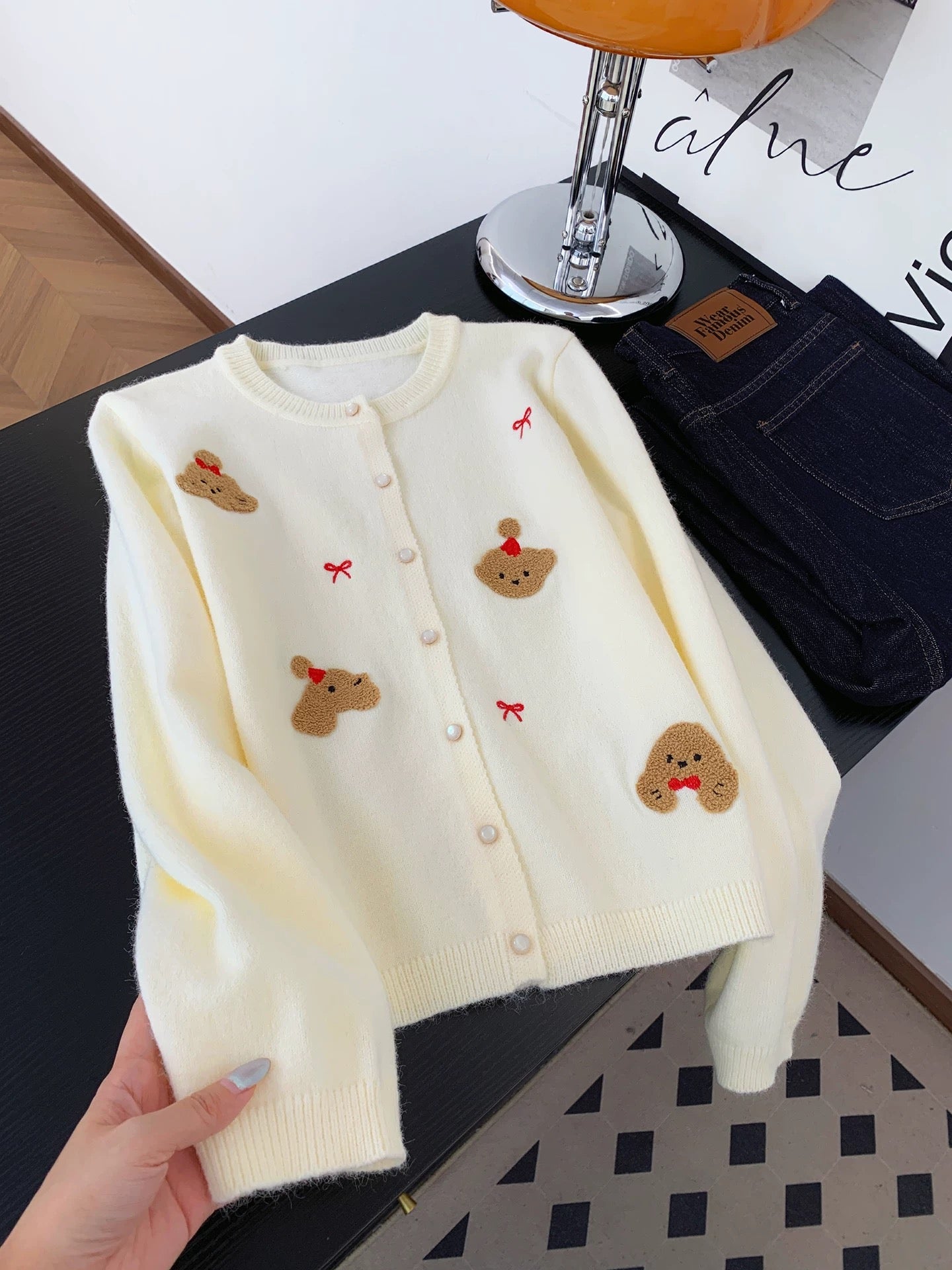 Sweet and cute cartoon embroidered knitted cardigan for women autumn and winter niche gentle versatile casual sweater jacket top