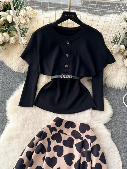 Light mature style suit for women, fashionable round neck cape, long sleeve waist knitted top + love printed skirt