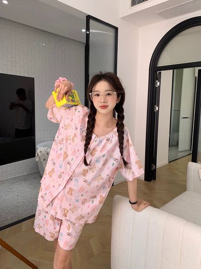 Xinbangbang Homedress pink bear round neck comfortable home wear women's summer short-sleeved pajama set can be worn outside
