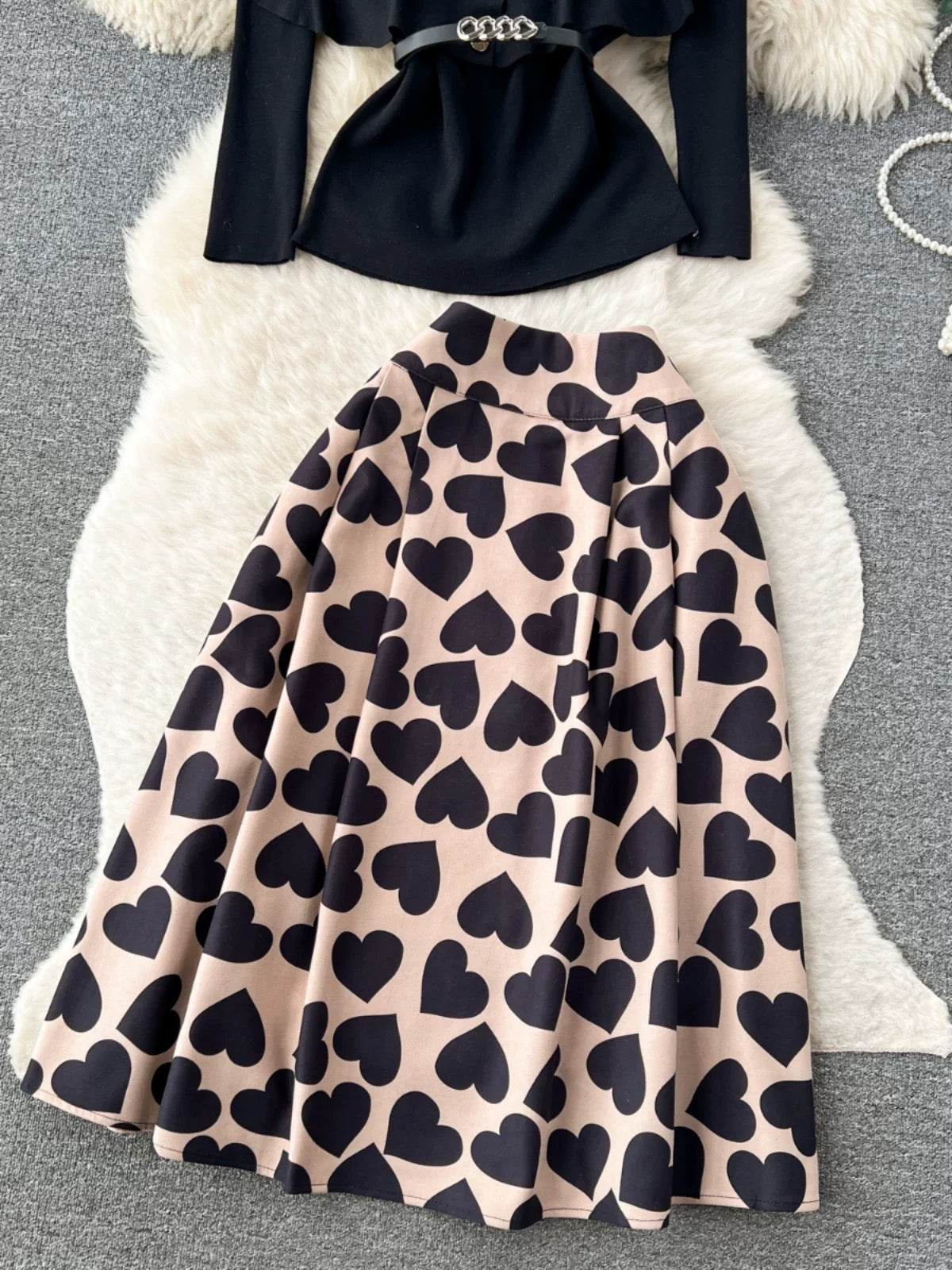Light mature style suit for women, fashionable round neck cape, long sleeve waist knitted top + love printed skirt
