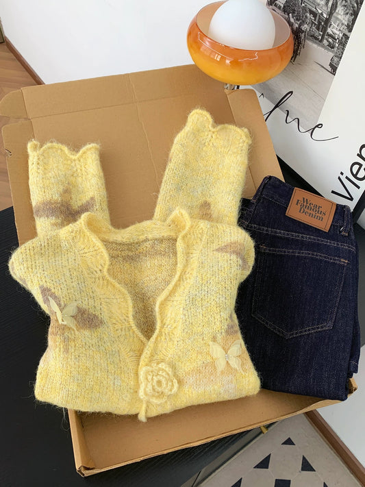 Gentle style yellow three-dimensional butterfly jacquard sweater cardigan women's autumn and winter stylish beautiful handmade flower knitted top