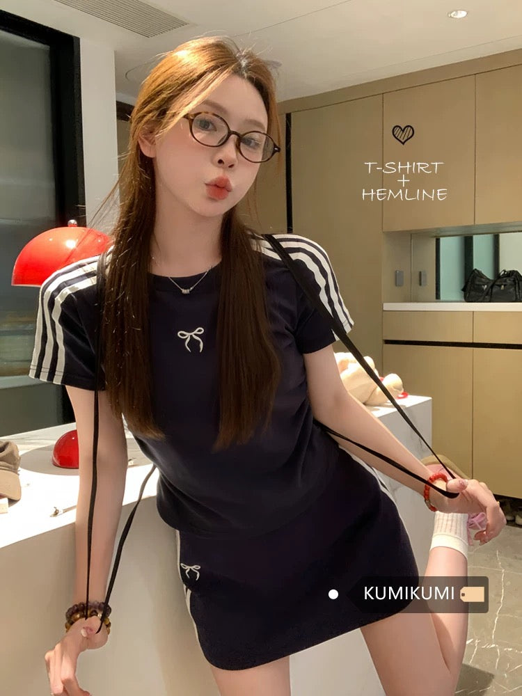 Casual sports suit for women, three-bar bow short-sleeved T-shirt, summer hip skirt, sweet girl two-piece suit