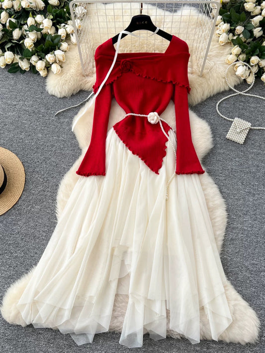 French gentle style three-dimensional flower lapel long-sleeved knitted splicing mesh fluffy irregular fairy dress trendy
