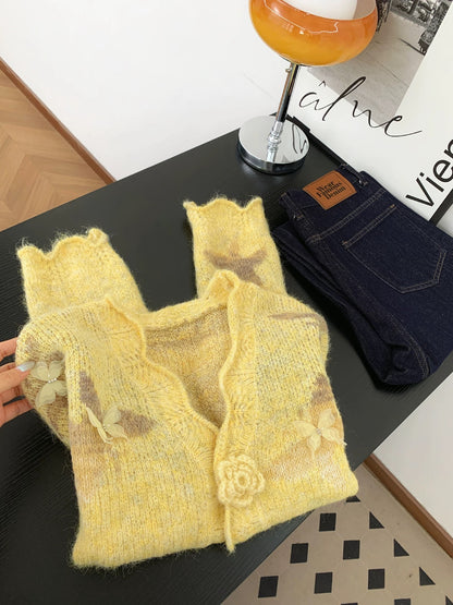 Gentle style yellow three-dimensional butterfly jacquard sweater cardigan women's autumn and winter stylish beautiful handmade flower knitted top