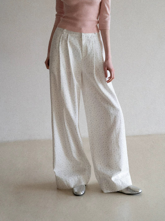 [In Stock] EGGKA Fresh Floral White Casual Wide-Leg Pants for Women, Spring/Summer Style, Loose Fit, Straight Leg Trousers