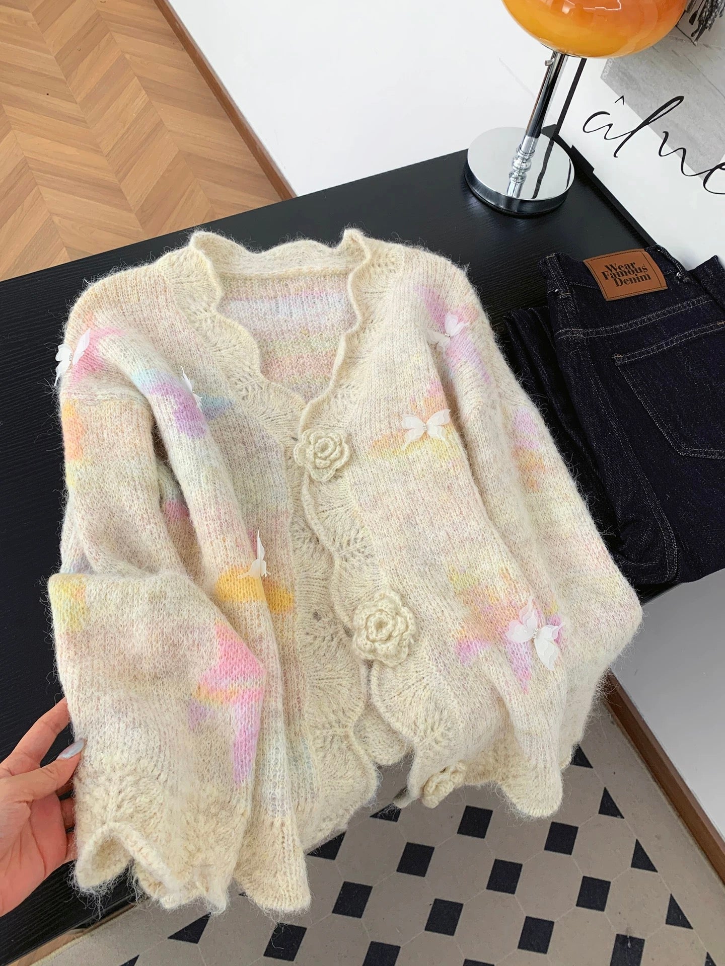 Gentle style yellow three-dimensional butterfly jacquard sweater cardigan women's autumn and winter stylish beautiful handmade flower knitted top