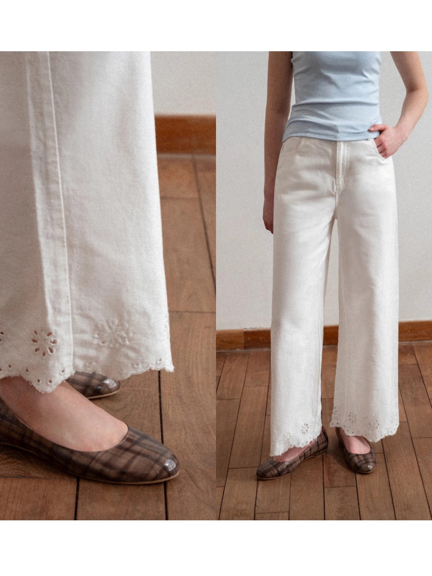 EGGKA White Hollow-Out Embroidered Hem Straight Leg Casual Jeans Summer High Waist Loose Fit Slimming Commuter Wide Leg Pants