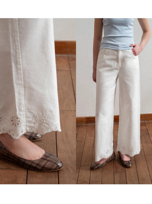 EGGKA White Hollow-Out Embroidered Hem Straight Leg Casual Jeans Summer High Waist Loose Fit Slimming Commuter Wide Leg Pants