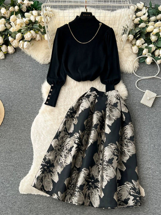 Autumn and winter light luxury and high-end wear for women, half-turtleneck sweater and sweater two-piece set with high waist and large hem jacquard skirt