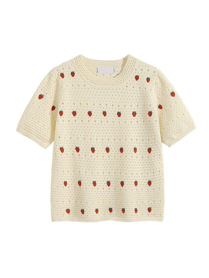 YOYO CLUB large size fat mm hollow knitted right shoulder round neck short-sleeved t-shirt summer niche design top for women