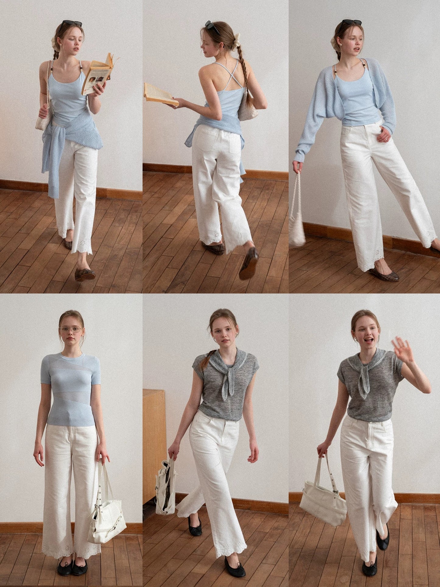 EGGKA White Hollow-Out Embroidered Hem Straight Leg Casual Jeans Summer High Waist Loose Fit Slimming Commuter Wide Leg Pants
