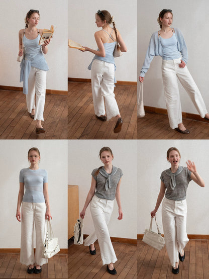 EGGKA White Hollow-Out Embroidered Hem Straight Leg Casual Jeans Summer High Waist Loose Fit Slimming Commuter Wide Leg Pants