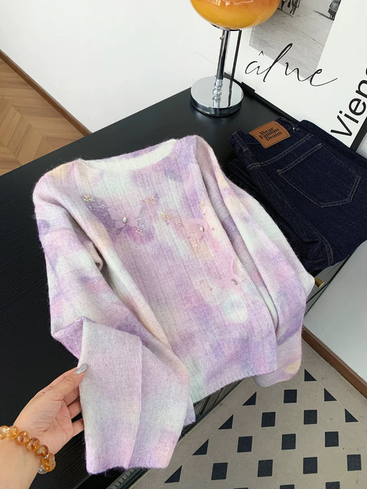Gentle style western style gradient purple round neck pullover sweater women's autumn and winter sweet three-dimensional butterfly sequin long-sleeved top