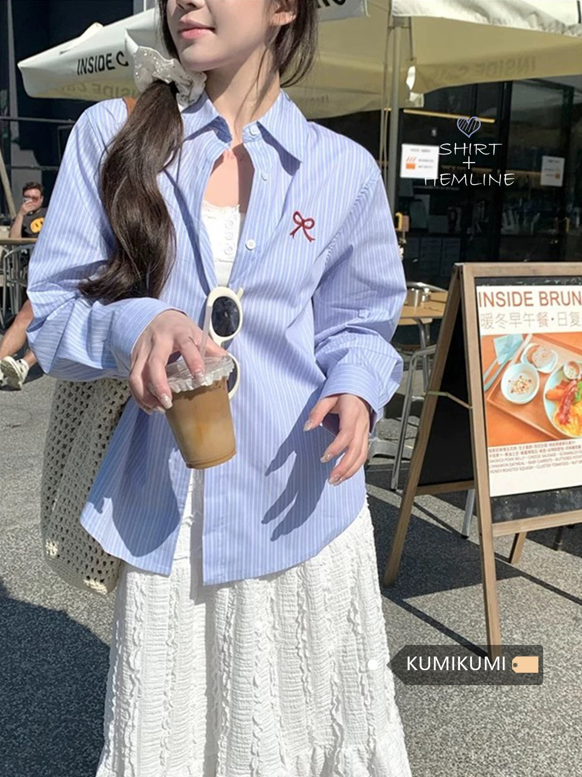 Kumikumi design bow embroidered shirt women's autumn and summer niche chic casual loose striped top