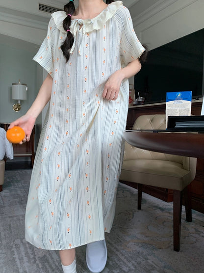 Xinbangbang summer mid-length vertical striped floral nightgown for women with loose lace collar and skin-friendly pajamas