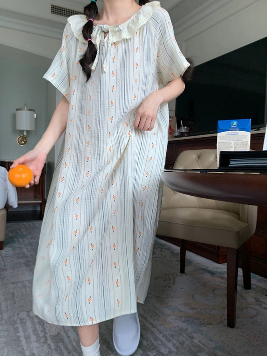 Xinbangbang summer mid-length vertical striped floral nightgown for women with loose lace collar and skin-friendly pajamas