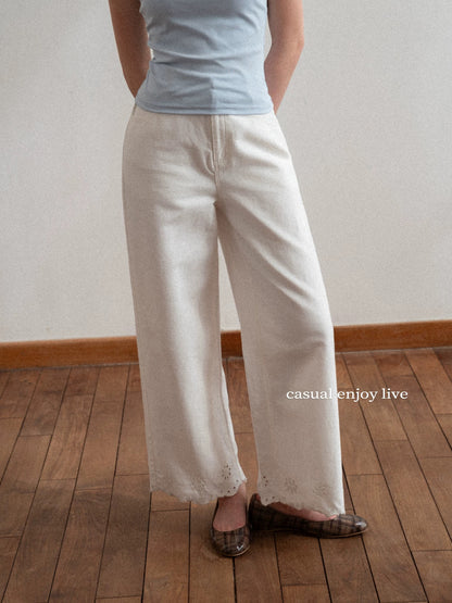 EGGKA White Hollow-Out Embroidered Hem Straight Leg Casual Jeans Summer High Waist Loose Fit Slimming Commuter Wide Leg Pants