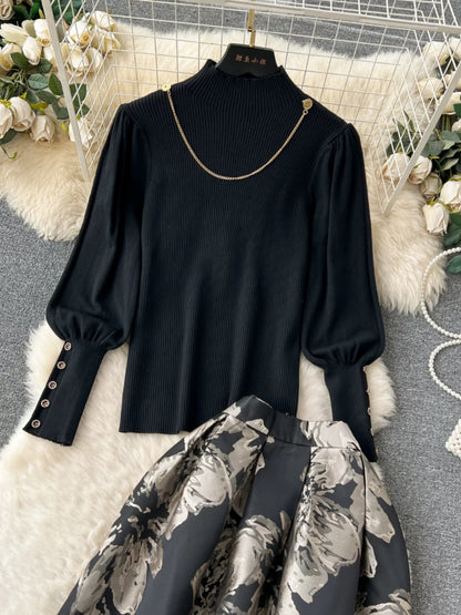 Autumn and winter light luxury and high-end wear for women, half-turtleneck sweater and sweater two-piece set with high waist and large hem jacquard skirt