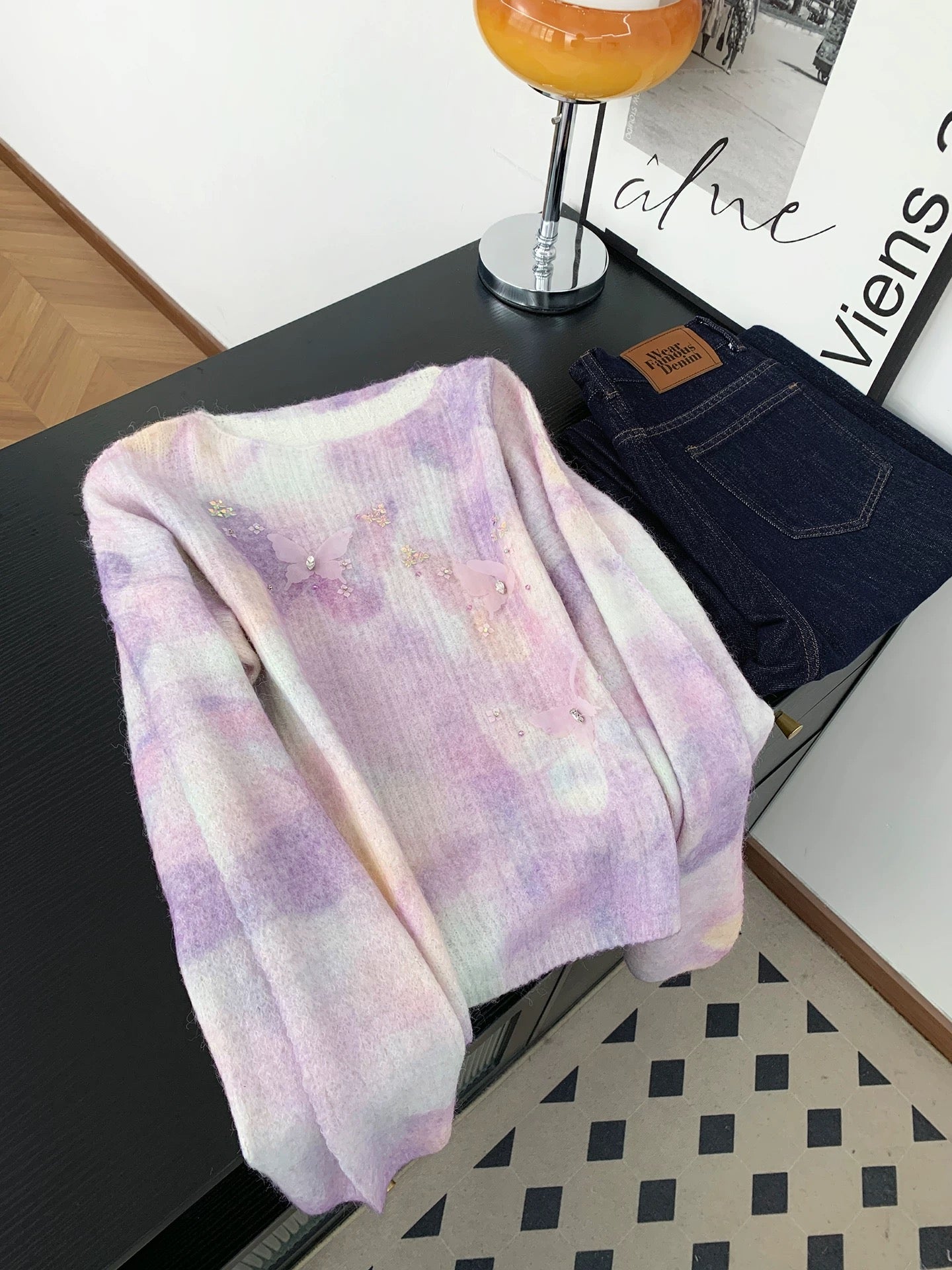 Gentle style western style gradient purple round neck pullover sweater women's autumn and winter sweet three-dimensional butterfly sequin long-sleeved top