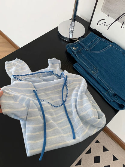Korean style small fresh lazy style striped hooded sweater women's autumn and winter age-reducing temperament thin loose long-sleeved top