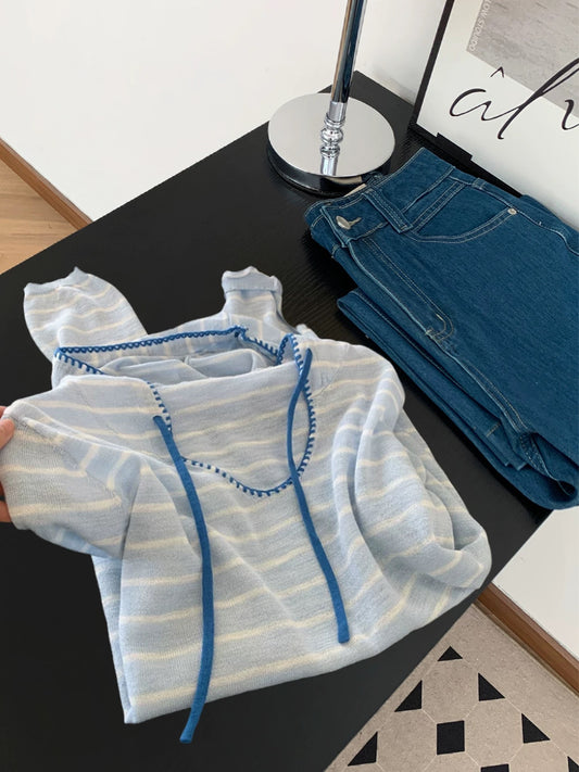 Korean style small fresh lazy style striped hooded sweater women's autumn and winter age-reducing temperament thin loose long-sleeved top