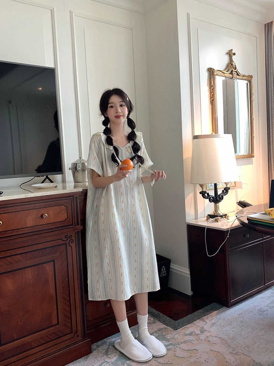 Xinbangbang summer mid-length vertical striped floral nightgown for women with loose lace collar and skin-friendly pajamas