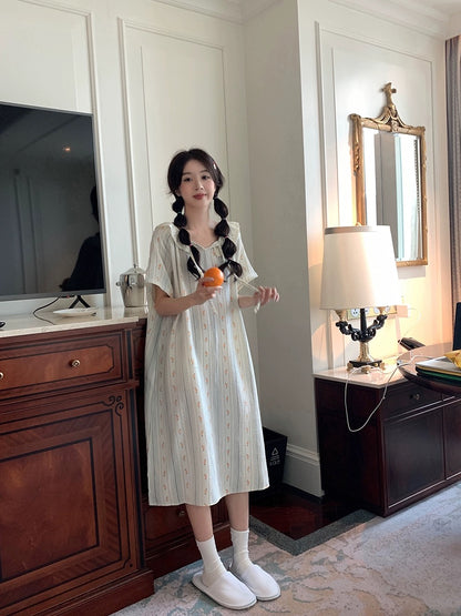 Xinbangbang summer mid-length vertical striped floral nightgown for women with loose lace collar and skin-friendly pajamas