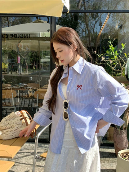 Kumikumi design bow embroidered shirt women's autumn and summer niche chic casual loose striped top