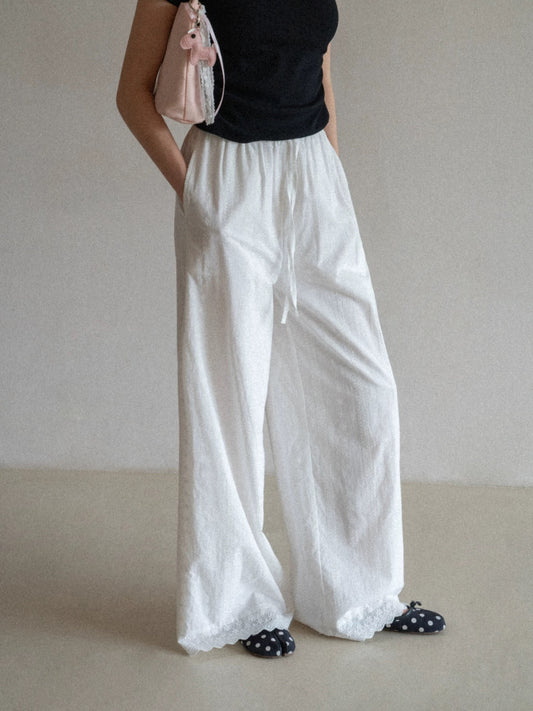 EGGKA Lace Trim White Elastic Waist Wide Leg Casual Pants Women's Summer Straight Leg Loose Fit Slimming Unique Long Pants