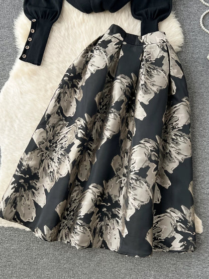 Autumn and winter light luxury and high-end wear for women, half-turtleneck sweater and sweater two-piece set with high waist and large hem jacquard skirt
