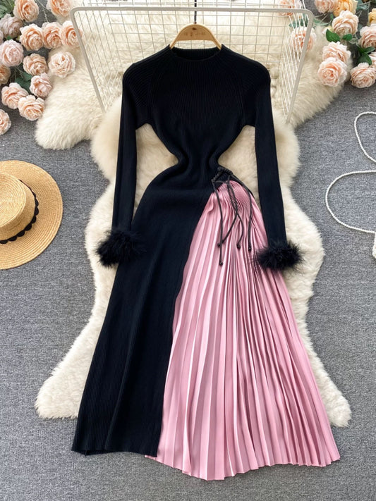 Knitted dress for women, designer terry long sleeves, high-end, contrasting color stitching, pleated skirt, temperament, slim midi skirt