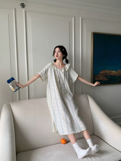 Xinbangbang summer mid-length vertical striped floral nightgown for women with loose lace collar and skin-friendly pajamas