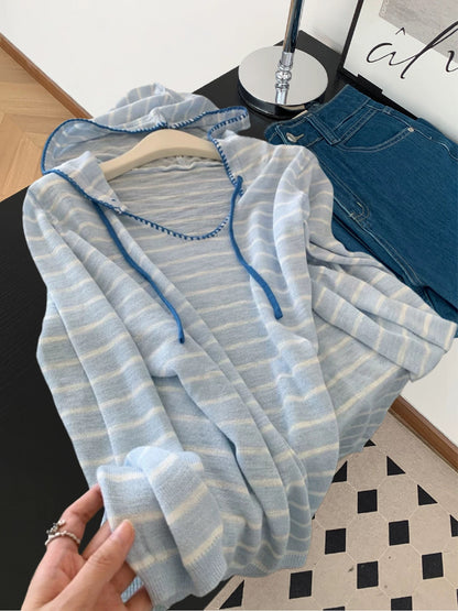 Korean style small fresh lazy style striped hooded sweater women's autumn and winter age-reducing temperament thin loose long-sleeved top