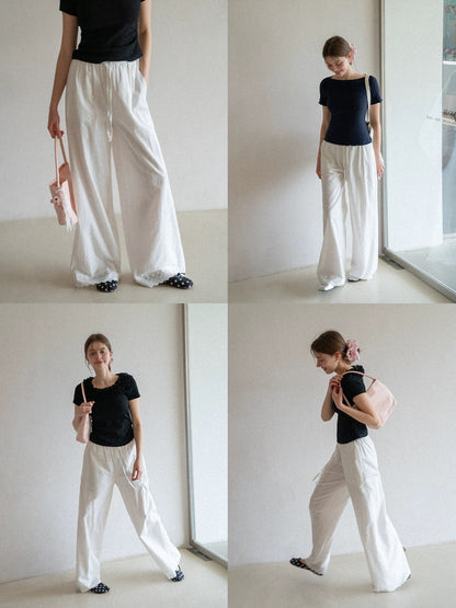 EGGKA Lace Trim White Elastic Waist Wide Leg Casual Pants Women's Summer Straight Leg Loose Fit Slimming Unique Long Pants