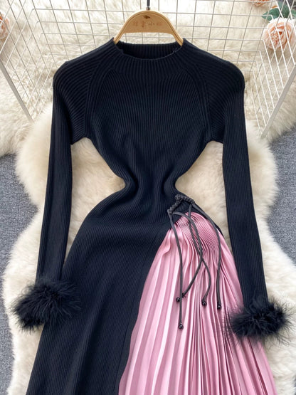 Knitted dress for women, designer terry long sleeves, high-end, contrasting color stitching, pleated skirt, temperament, slim midi skirt