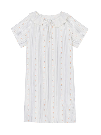 Xinbangbang summer mid-length vertical striped floral nightgown for women with loose lace collar and skin-friendly pajamas