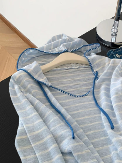 Korean style small fresh lazy style striped hooded sweater women's autumn and winter age-reducing temperament thin loose long-sleeved top