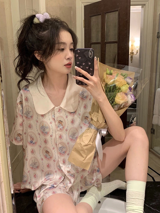 Xinbangbang new summer ice silk cool feeling, skin-friendly and comfortable home clothes for women, cute rabbit short-sleeved pajamas set