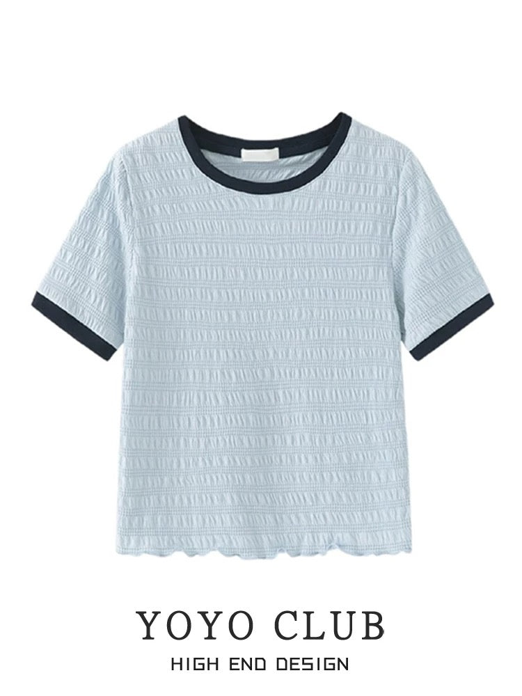 YOYO CLUB Chic Contrast Color Right Shoulder Short Sleeve T-Shirt Summer Large Size Covers Belly and Slims Design Round Neck Top