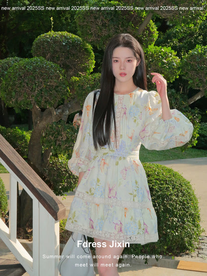 Mail "Usnea Hydrangea" Monet Hydrangea Print Round Neck Waist Short Skirt/Fale Splicing A-Line Dress